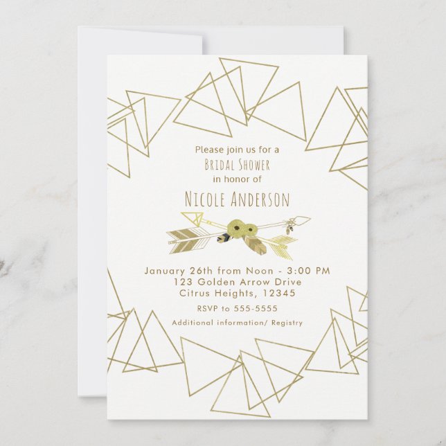 Invitation Boho Chic Flèches & Triangles Géométriques Dorés M (Devant)