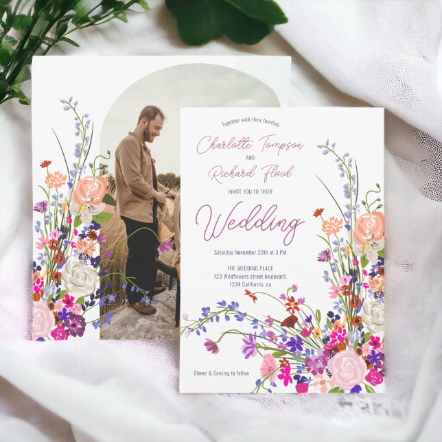 Invitation Boho chic fleur sauvage script photo mariage (Boho chic wildflowers script photo wedding invitation)
