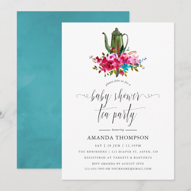 Invitation Boho Chic Floral Baby shower Tea Party (Devant / Derrière)