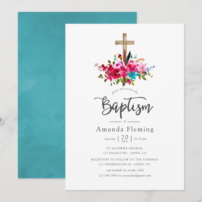 Invitation Boho Chic Floral Baptême (Devant / Derrière)