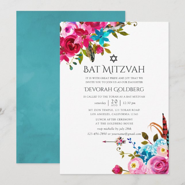 Invitation Boho Chic Floral Bat mitzvah (Devant / Derrière)