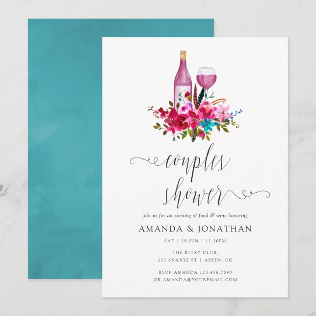 Invitation Boho Chic Floral Couples Douche Dégustation De Vin (Devant / Derrière)