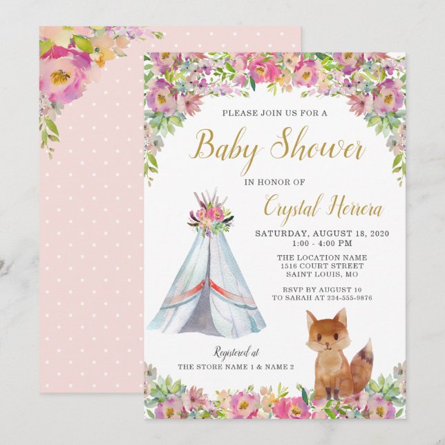 Invitation Boho Chic Floral Fox Teepee Baby shower tribal (Devant / Derrière)