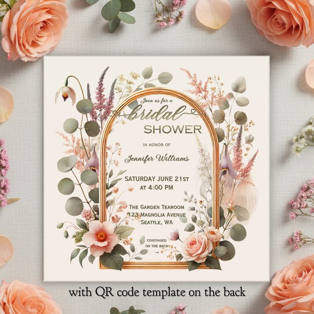 Invitation Boho Chic Floral Rose Gold Arch Bridal Shower (Bohemian bridal shower invitation featuring a watercolor flower arrangement around a rose gold arch)