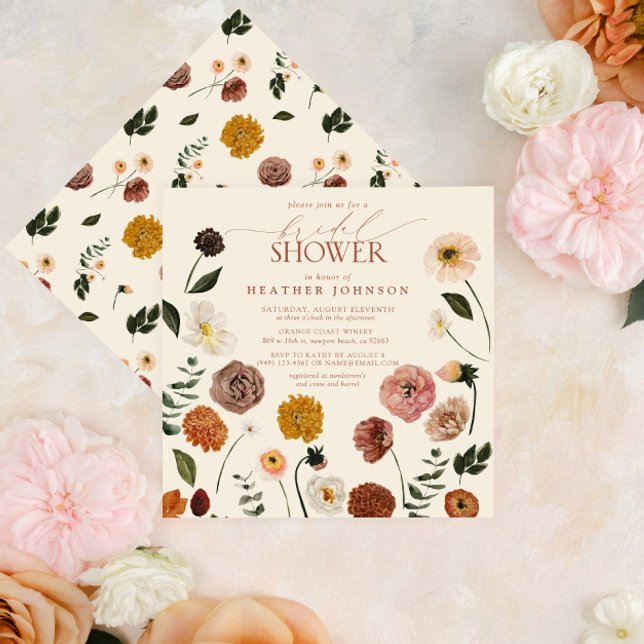 Invitation Boho Chic Floral Terracotta Fête des mariées moder (Easy to personalize fall terracotta floral bridal shower invitation.)