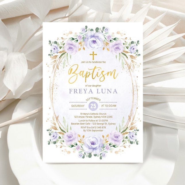 Invitation Boho Chic Lavender Or Floral Girl Baptême (Créateur téléchargé)