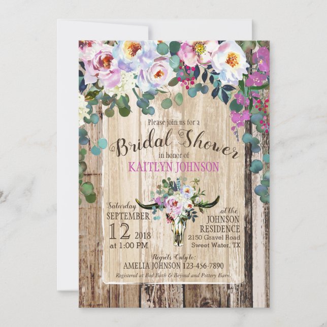 Invitation Boho Chic Longhorn Cow Crâne Floral Fête de l'mari (Devant)