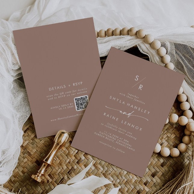 Invitation Boho Chic Neutral Taupe Monogramme QR Code Mariage (Créateur téléchargé)