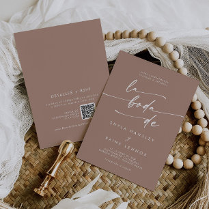 Invitation Boho Chic Neutral Taupe QR Code Espagnol Mariage