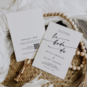 Invitation Boho Chic noir et blanc QR Code Espagnol Mariage