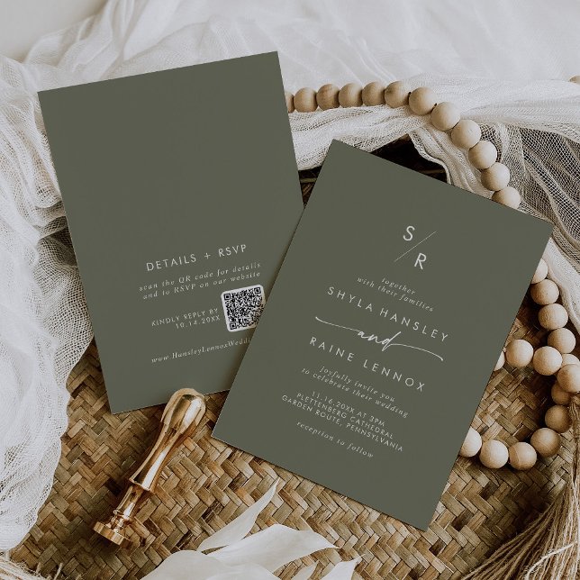 Invitation Boho Chic Olive Green Monogramme QR Code Mariage (Créateur téléchargé)