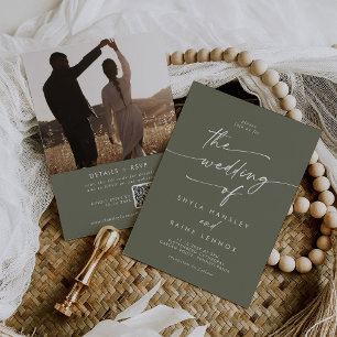 Invitation Boho Chic Olive Green Photo QR Code Mariage