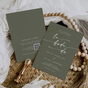 Invitation Boho Chic Olive Green QR Code Espagnol Mariage