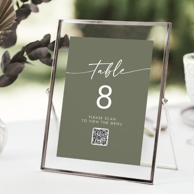 Invitation Boho Chic Olive Green QR Code Numéro de tableau (Créateur téléchargé)