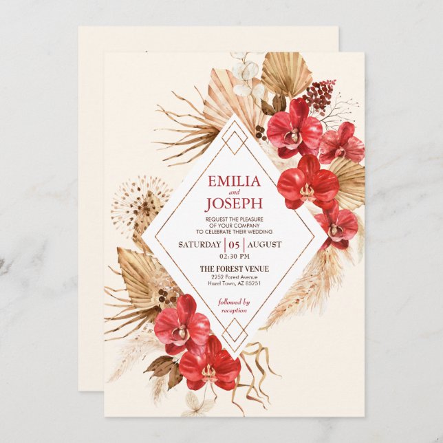 Invitation Boho chic or rouge Frame & rouge mariage de automn (Devant / Derrière)