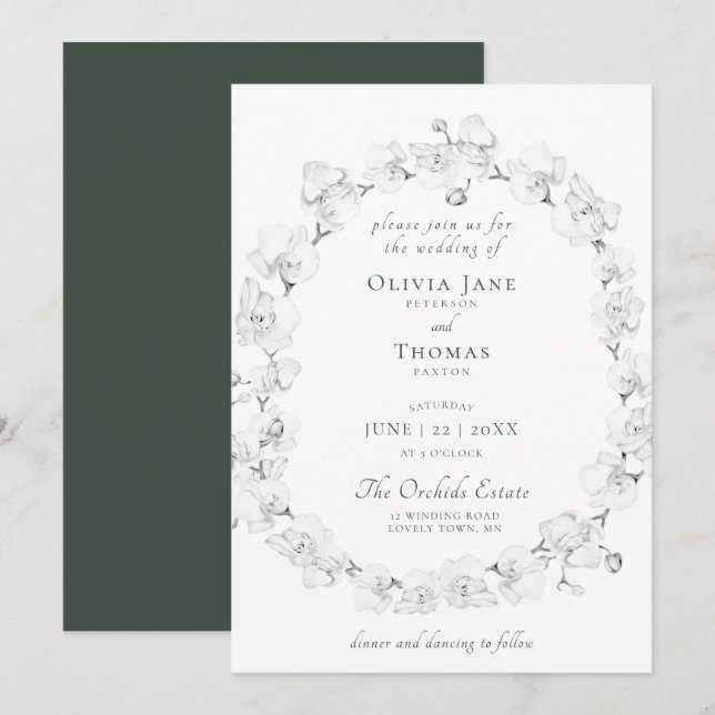 Invitation Boho Chic Orchid Floral Wreath Green Art Mariage (Devant / Derrière)