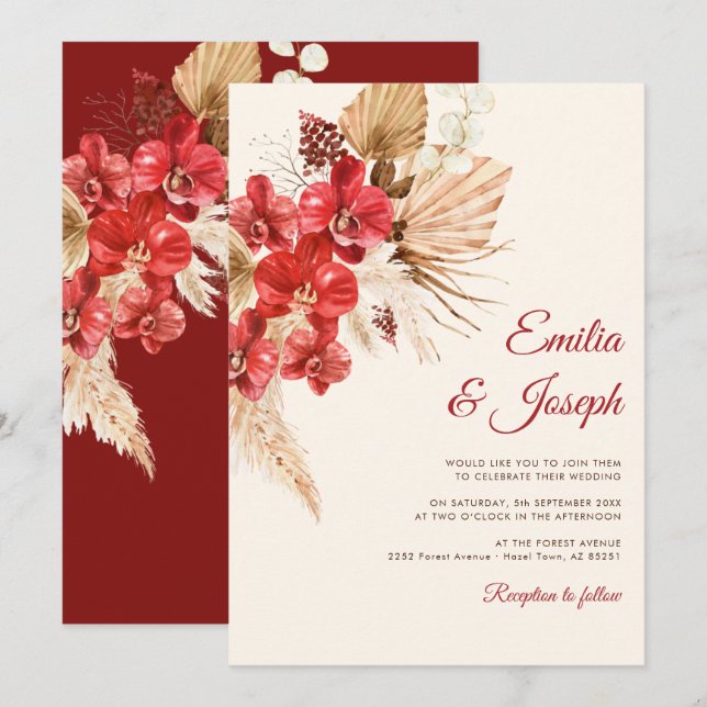 Invitation Boho chic orchidée rouge chute personnalisée Maria (Devant / Derrière)