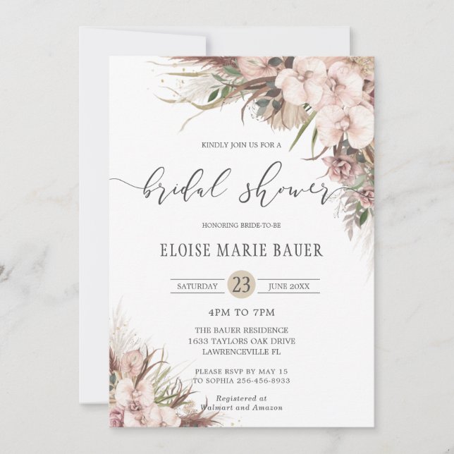 Invitation Boho Chic Pampas Grass Orchid Floral Fête des mari (Devant)