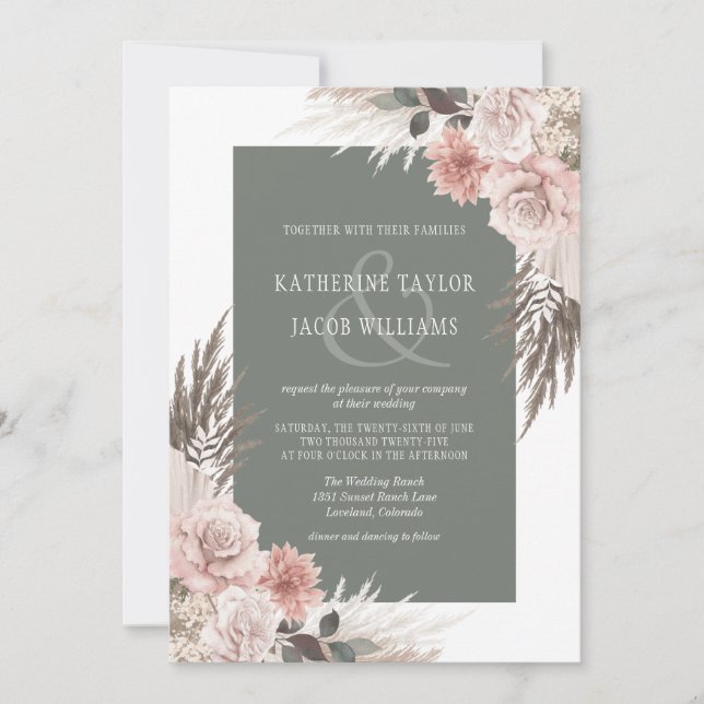 Invitation Boho Chic Pampas Grass Sage Vert Floral Mariage (Devant)
