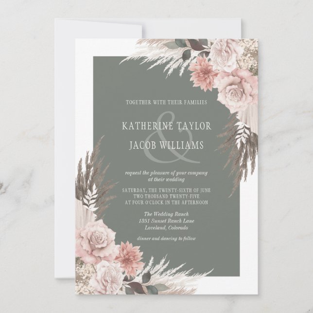 Invitation Boho Chic Pampas Grass Sage Vert Floral Mariage (Devant)