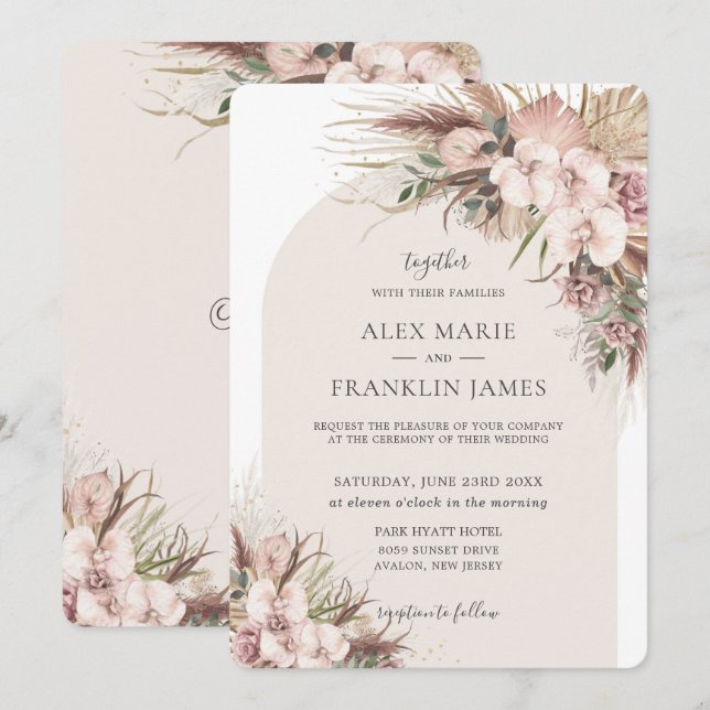 Invitation Boho Chic Pampas Orchidée en herbe Floral Arch Mar (Devant / Derrière)
