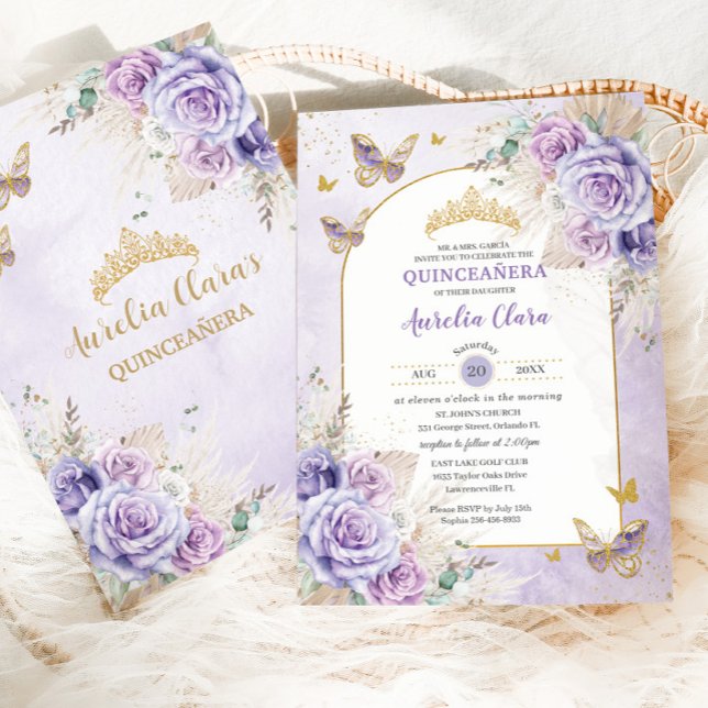 Invitation Boho Chic Pampas Purple Lilac Floral Quinceañera (Créateur téléchargé)