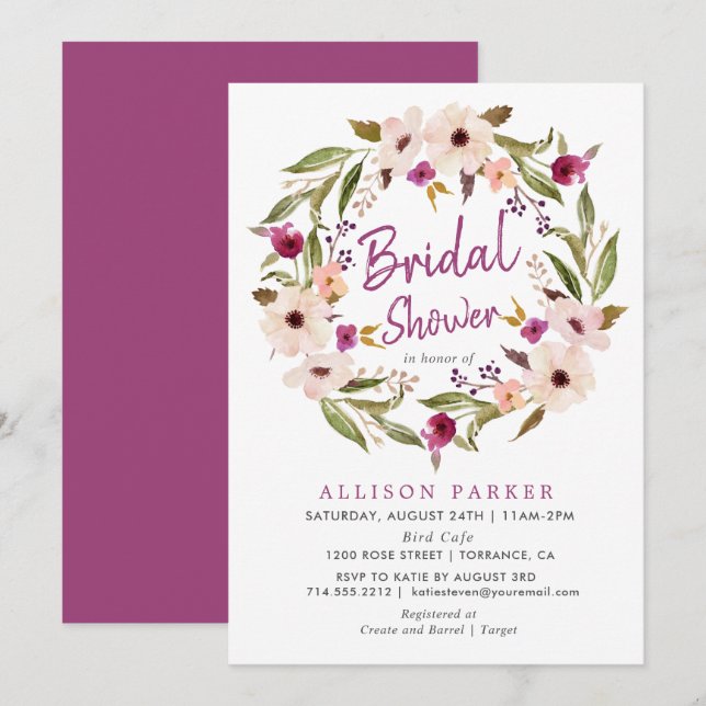 Invitation Boho Chic Plum Flowers Douche nuptiale (Devant / Derrière)