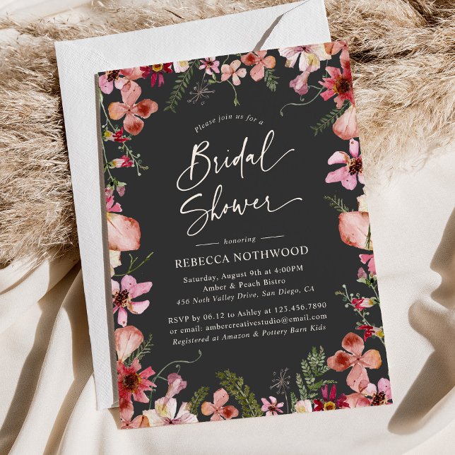 Invitation Boho Chic Rose Pressé Florals Gris Fête des mariée (Créateur téléchargé)
