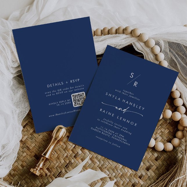 Invitation Boho Chic Royal Bleu Monogramme QR Code Mariage (Créateur téléchargé)