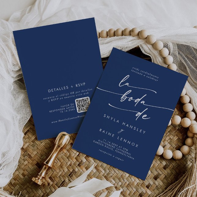 Invitation Boho Chic Royal Blue QR Code Mariage espagnol (Créateur téléchargé)