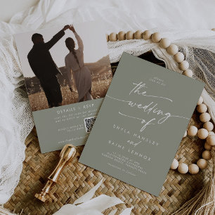 Invitation Boho Chic Sage Green Photo QR Code Mariage