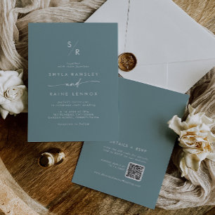 Invitation Boho Chic Seafoam Turquoise Monogramme QR Code Mar