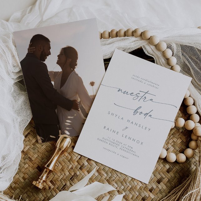 Invitation Boho Chic Slate Blue Photo Mariage espagnol (Créateur téléchargé)