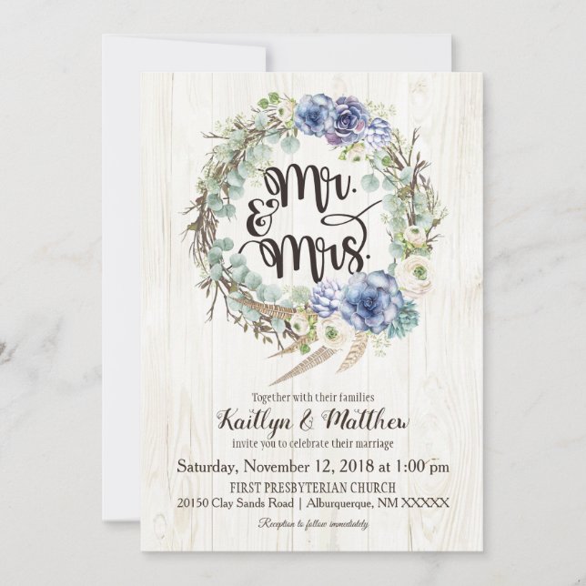 Invitation Boho Chic Succulents Eucalyptus Rustique Mariage (Devant)