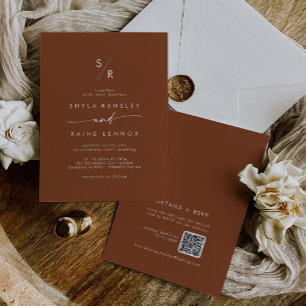 Invitation Boho Chic Terracotta Monogramme QR Code Mariage