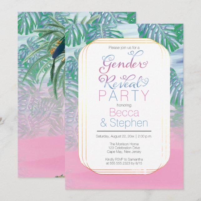 Invitation Boho Chic Tropical Beach Aquarelle Sexe Révéler (Devant / Derrière)