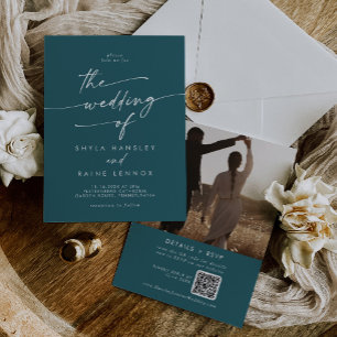 Invitation Boho Chic Turquoise Bleu Photo QR Code Mariage