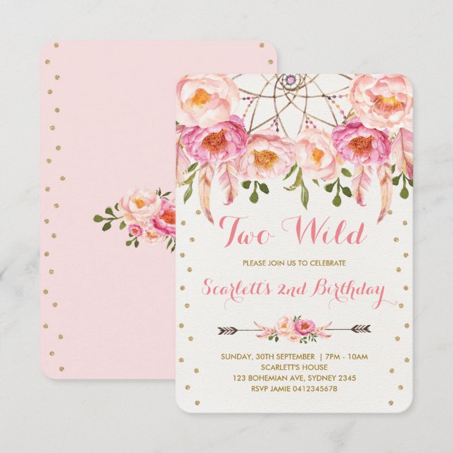 Invitation Boho Chic Two Wild 2e anniversaire Dreamcatcher Pa (Devant / Derrière)