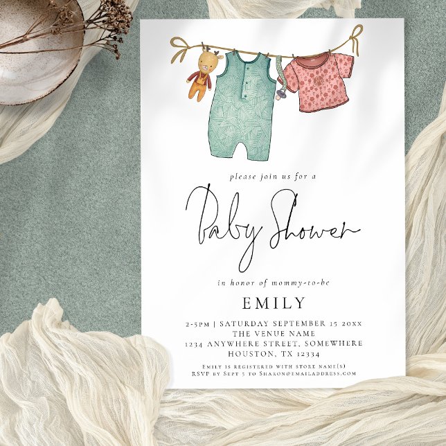 Invitation Boho Chic Vêtements en ligne Baby shower (Square corners - one of 6 corner/edge styles to choose from)