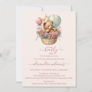 Invitation Boho Chic Watercolor Girl Teddy Bear avec Pink Bal
