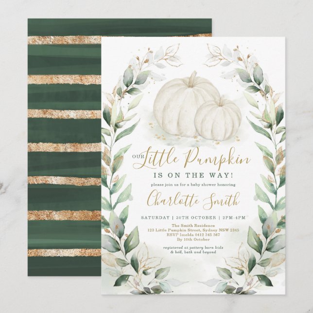Invitation Boho Citrouille Fall Greenery Gold Wreath Baby sho (Devant / Derrière)