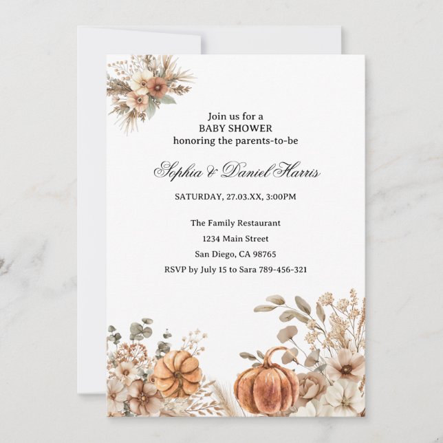 Invitation Boho Citrouille Fall Rustic Chic Baby shower Invit (Devant)
