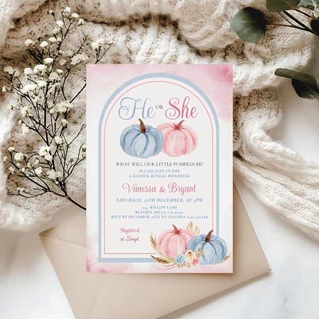 Invitation Boho Citrouille Genre Révéler rose et bleu Floral (Créateur téléchargé)