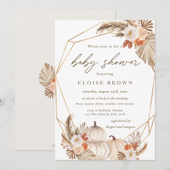 Invitation Boho Citrouille Pampas Grass Baby shower Floral In (Devant / Derrière)