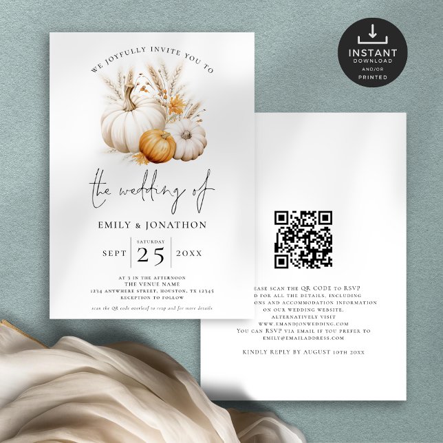 Invitation Boho Citrouille Pampas QR Code Mariage de automne (Front and back view)