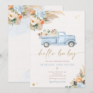 Invitation Boho Citrouille Pickup Camion Blue Boy Baby shower