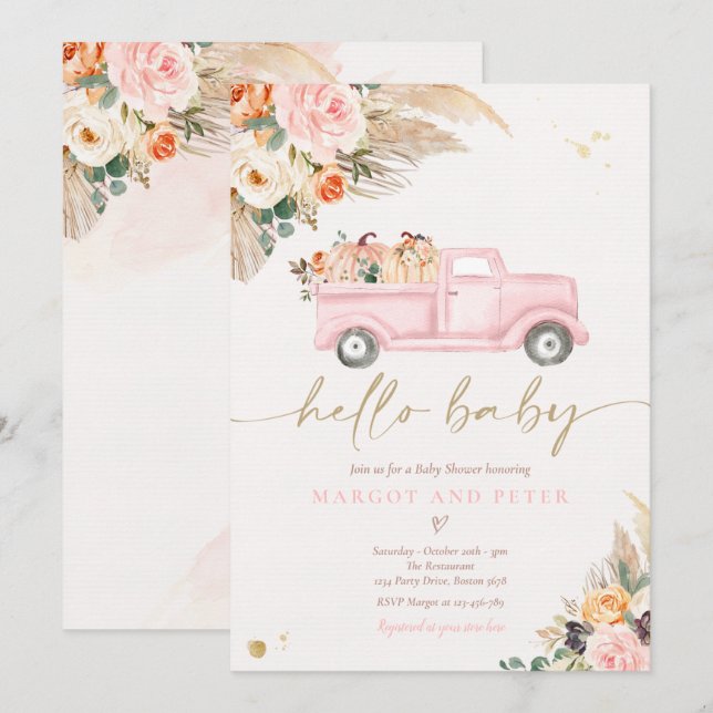 Invitation Boho Citrouille Pickup Camion Pink Girl Baby showe (Devant / Derrière)