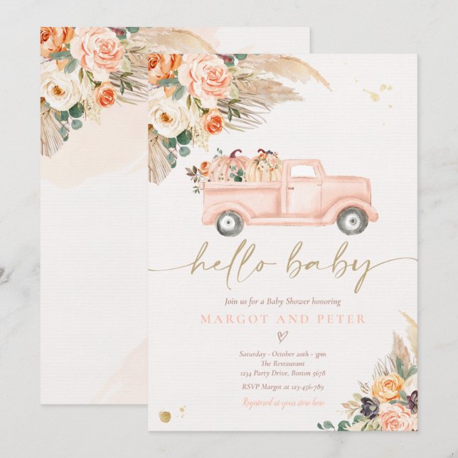 Invitation Boho Citrouille Pickup Truck Peach Girl Baby showe (Devant / Derrière)