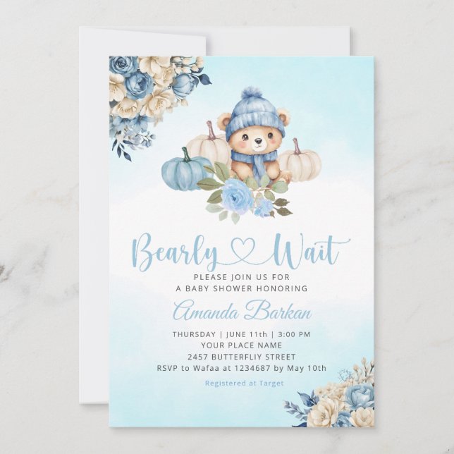 Invitation Boho Citrouille Teddy Bear Blue Boy Bear Baby show (Devant)