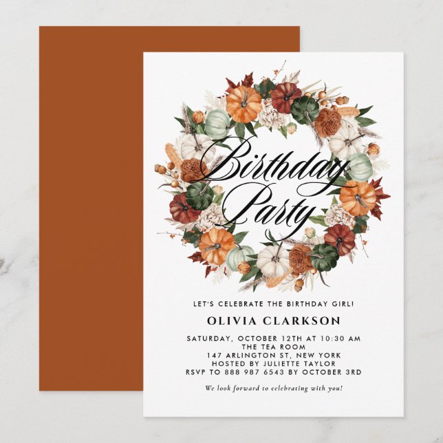Invitation Boho Citrouille Wreath Automne fête d'anniversaire (Devant / Derrière)